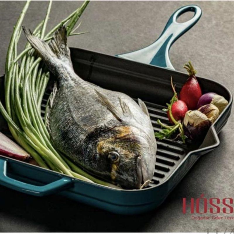 Støpejernspanne grillpanne 28x28 turkis