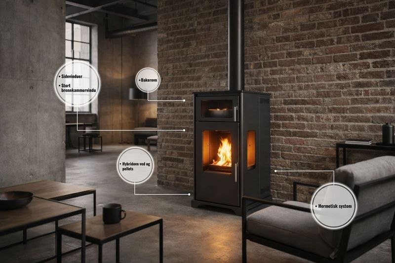 Bakerovn Hybridovn 12kW Kombinert Pellets og Vedovn Mekanisk